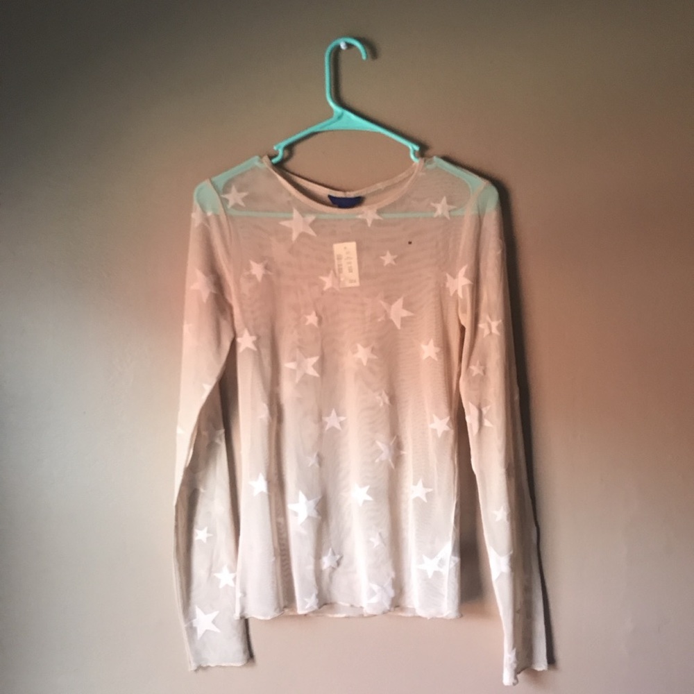 long sleeve nude mesh top with star print
